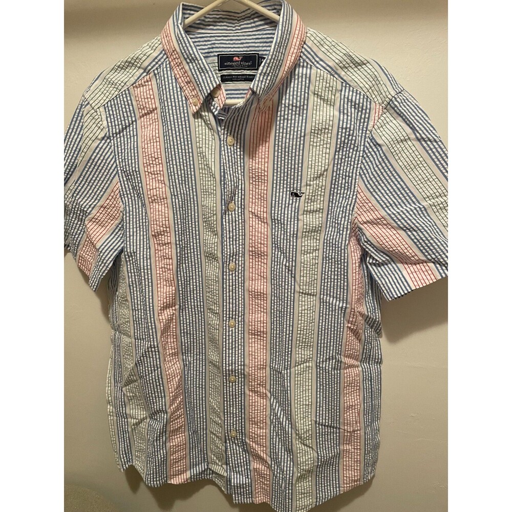 Vineyard Vines Cotton Classic Fit Striped Whale Shirt Seersucker NWT Men's S M